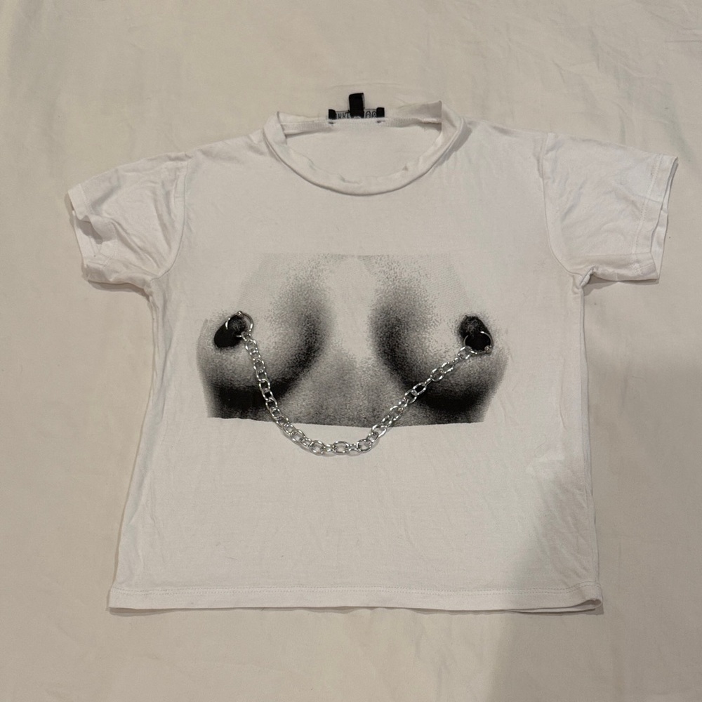 Current Mood White Graphic Crop Tee with Silver Chain Detail